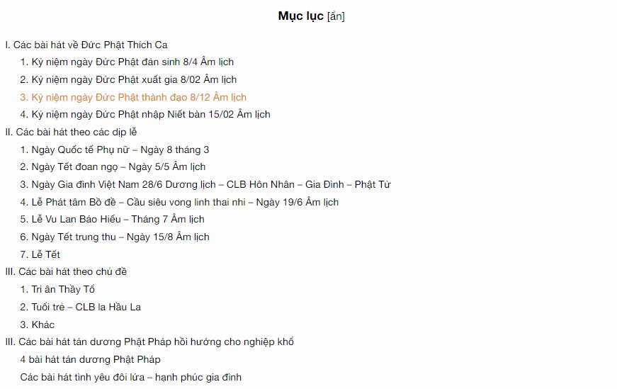 Danh sách hơn 80 bài hát được chia ra thành nhiều chủ đề khác nhau và được đăng tải tại https://phamthiyen.com/tong-hop-nhung-bai-hat-ve-phat-giao/