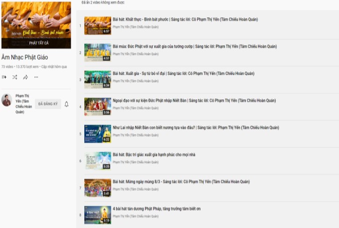 Danh sách phát trên Youtube Cô Phạm Thị Yến (Tâm Chiếu Hoàn Quán) có tên: Âm nhạc Phật giáo