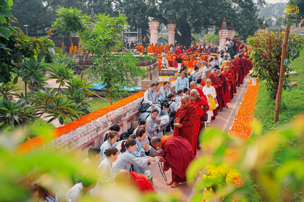 Trong khuôn viên Bồ đề đạo tràng, 1000 chư Tăng Ni quốc tế và Việt Nam khất thực, thọ nhận sự cúng dường của các Phật tử
