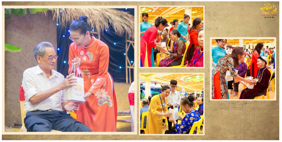 Cô Phạm Thị Yến và các Phật tử trao quà cho cha mẹ các Phật tử và các đạo hữu lớn tuổi trong câu lạc bộ trong đêm tri ân ngày 9/7/Nhâm Dần