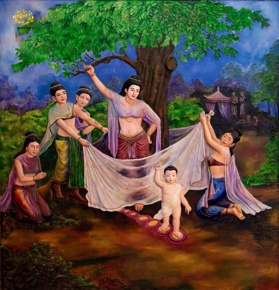 Khi Đức Phật đản sinh, Ngài liền đi bảy bước và mỗi bước đều có hoa sen hóa hiện, nâng gót (ảnh minh họa)