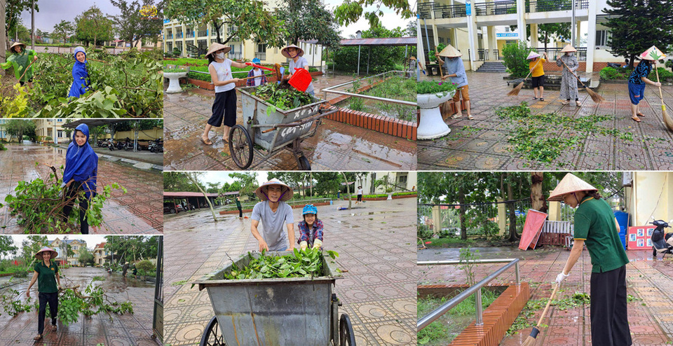 Nhiều Phật tử tham gia hỗ trợ chuyển cây xanh bị gãy đổ do bão và dọn dẹp vệ sinh môi trường