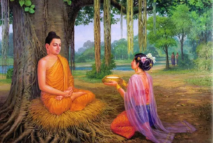 Nàng Sujata cúng dường bát cháo sữa lên Đức Phật khi Ngài tu theo con đường trung đạo (ảnh minh họa)