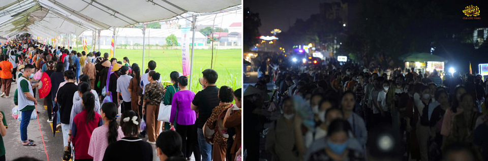 Dù ngày hay đêm, dòng người về tại chùa Phúc Sơn vẫn trang nghiêm, xếp hàng tiến vào khu vực chiêm bái Xá lợi Đức Phật theo điều phối của Ban tổ chức