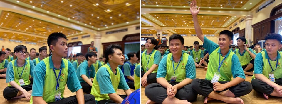 Bạn Cảnh Quảng (giơ tay) rất chăm chú lắng nghe và hăng hái giơ tay trong buổi chia sẻ