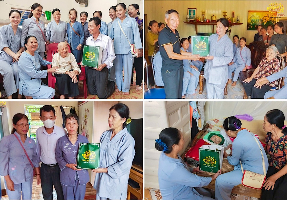 Đại diện các Phật tử đạo tràng Minh Nguyên - Vĩnh Bảo, Hải Phòng trao những phần quà tri ân tới cha mẹ Phật tử và các đạo hữu cao tuổi  