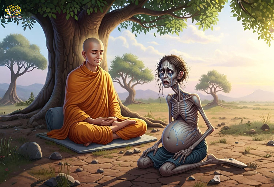 Tôn giả Xá Lợi Phất cứu độ cho người mẹ tiền kiếp đang bị đọa làm ngạ quỷ (ảnh minh họa)