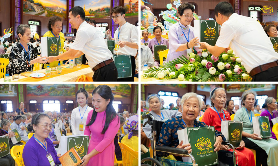 Gương mặt các cha mẹ ánh lên niềm hạnh phúc và phấn khởi khi được con cái đưa về chùa tham dự lễ Vu Lan báo hiếu