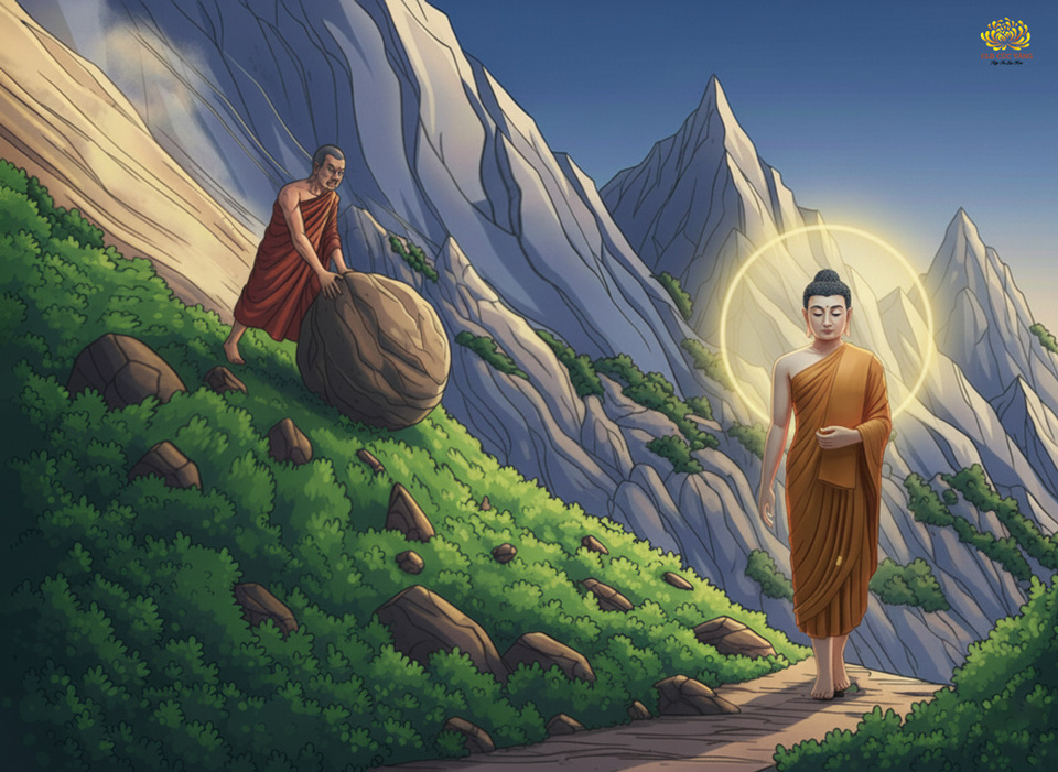 Đề Bà Đạt Đa lăn đá hại Đức Phật (ảnh minh họa)