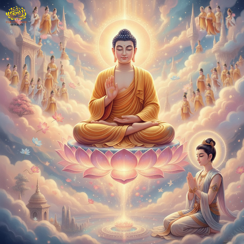 Đức Phật lên cung trời Đao Lợi, thuyết Pháp độ cho Phật mẫu Maya vào dòng Thánh quả (ảnh minh họa)