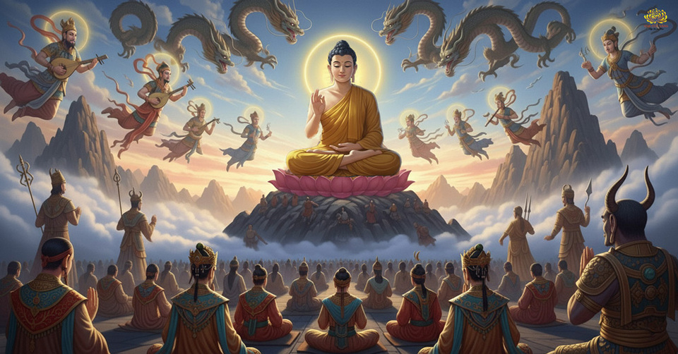 Tại núi Linh Thứu, Đức Phật thuyết Pháp cho hàng Trời, Rồng, Thần, Quỷ (ảnh minh họa)