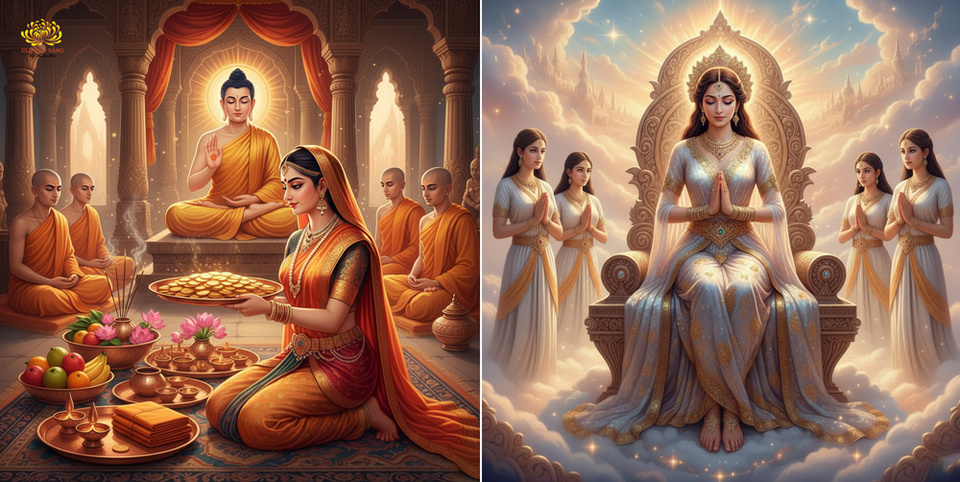 Vì làm việc phúc thiện nơi Đức Phật và Tăng chúng, bà Tỳ-xá-khư được tái sinh làm chánh hậu của Thiên chủ cõi trời Hóa Lạc (ảnh minh họa)