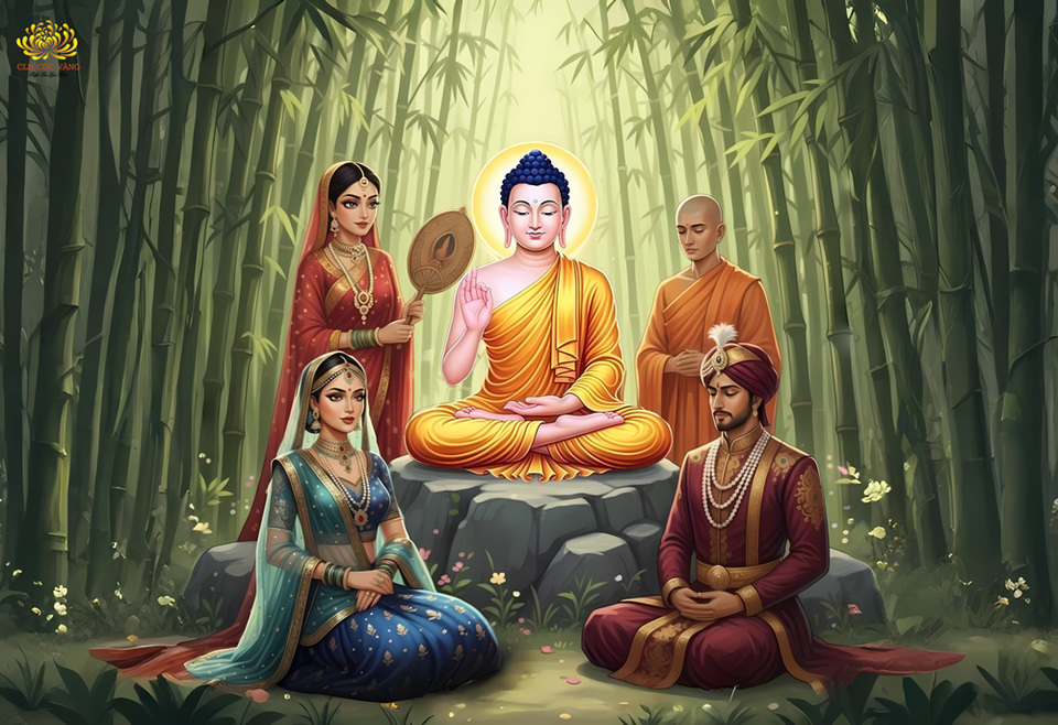 Đức Phật hóa hiện một giai nhân tuyệt trần đứng hầu quạt bên cạnh Ngài để tạo phương tiện, hóa độ cho quý phi Khema (ảnh minh họa)