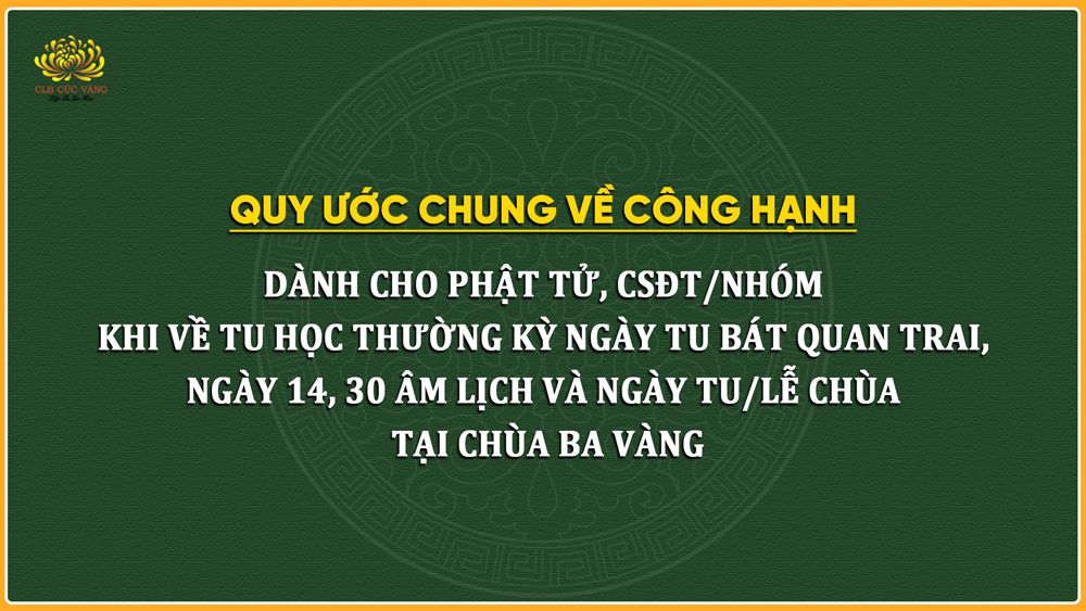 Quy ước chung về công hạnh dành cho Phật tử, CSĐT/Nhóm khi về tu học thường kỳ ngày tu Bát quan trai, ngày 14, 30 âm lịch và ngày tu/lễ chùa tại chùa Ba vàng (Dành cho Phật tử CLB Cúc Vàng)