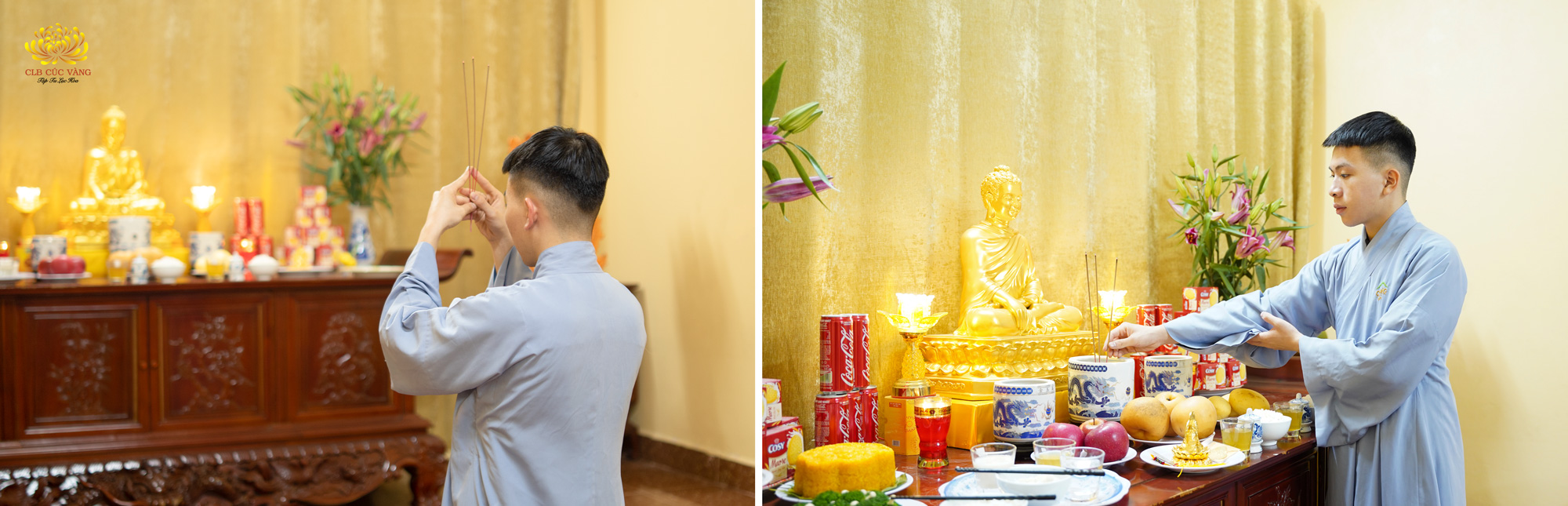 Phật tử quỳ dâng 3 nén hương và cắm hương vào bát hương thờ Phật ở chính giữa (ảnh minh họa)