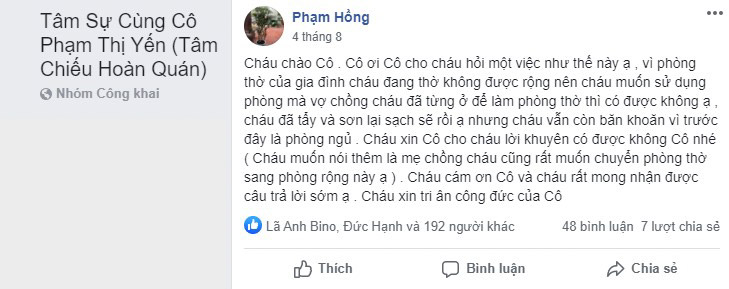 Câu hỏi từ nick Facebook Phạm Hồng trong nhóm Tâm sự cùng Cô Phạm Thị Yến (Tâm Chiếu Hoàn Quán)