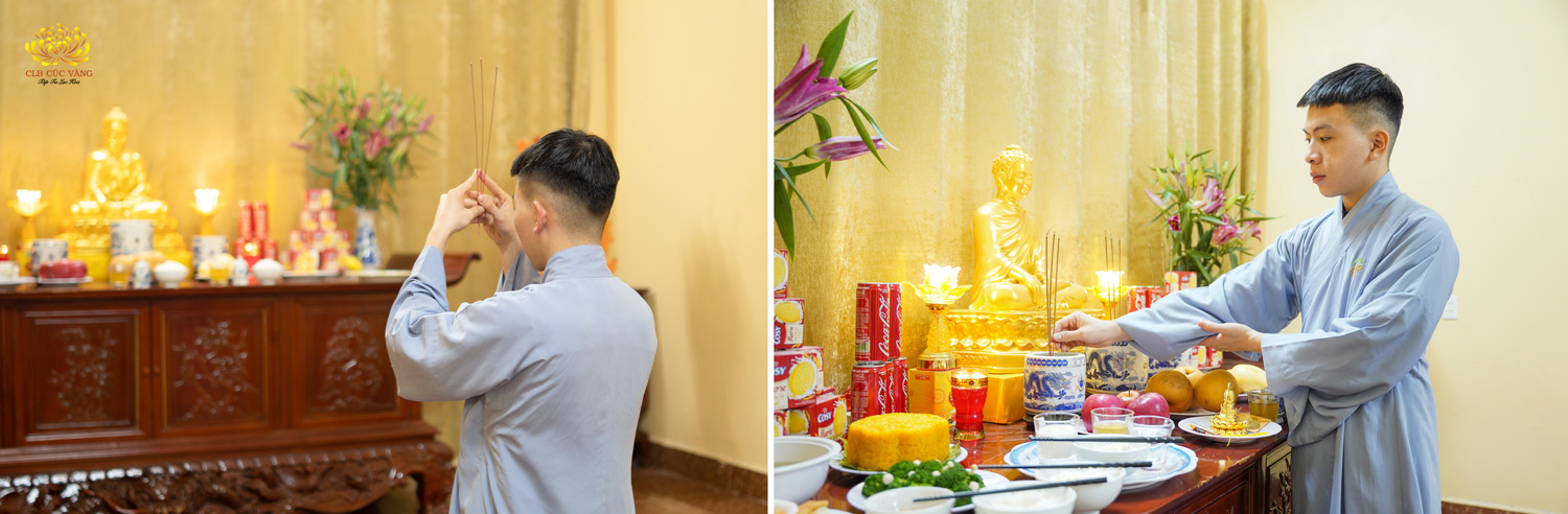 Phật tử quỳ dâng 3 nén hương và cắm hương vào bát hương thờ gia tiên bên trái từ dưới nhìn lên (ảnh minh họa)