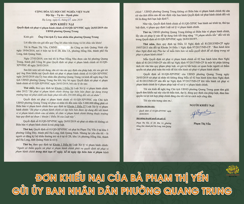 Đơn khiếu nại của Bà Phạm Thị Yến gửi UBND phường Quang Trung