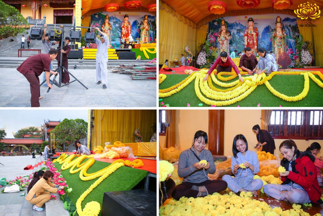 Các Phật tử chùa Ba Vàng tham gia phận sự chuẩn bị đón mừng ngày Đức Phật thành đạo (ảnh năm 2020)