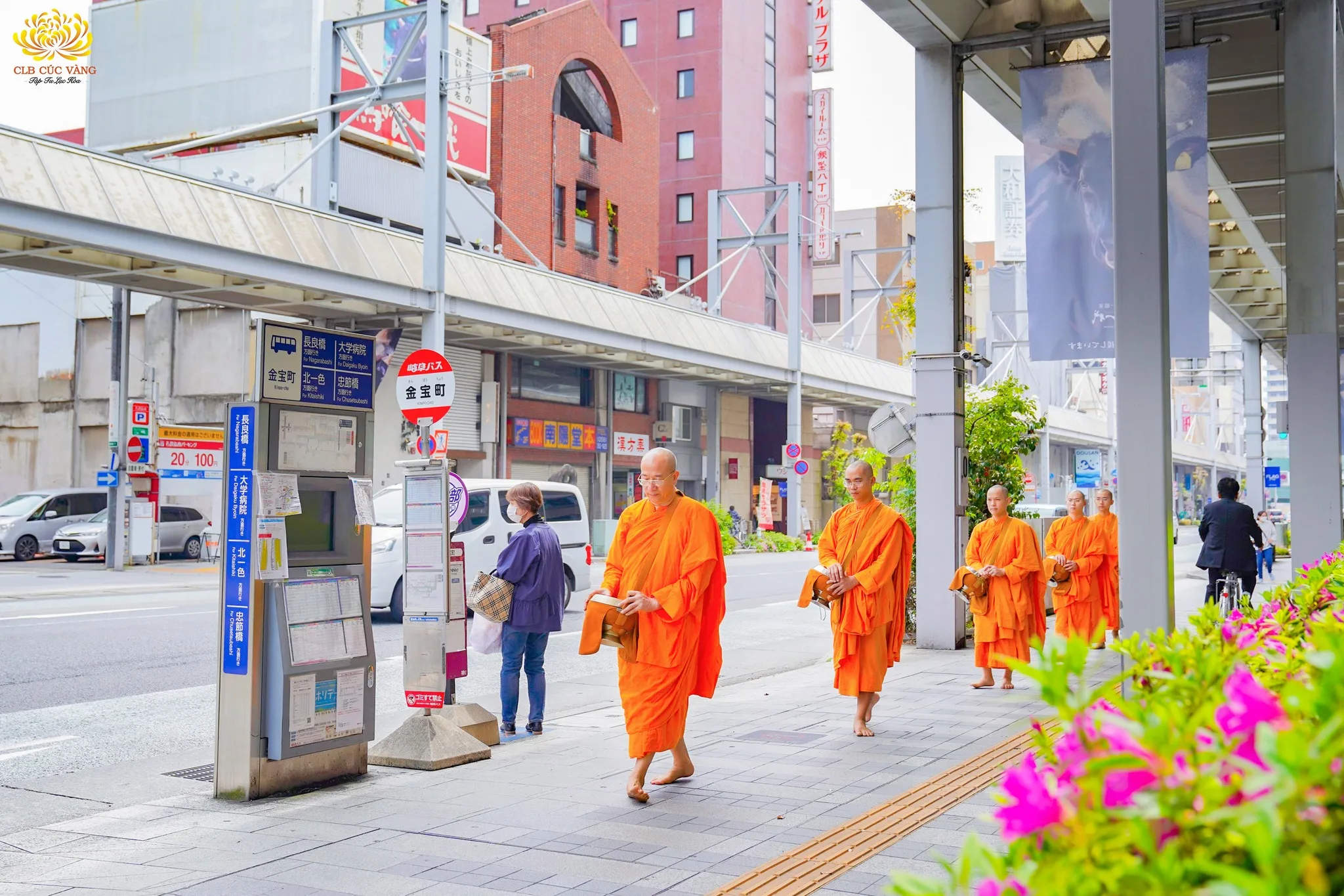 Hình ảnh Sư Phụ cùng chư Tăng thong dong đi khất thực trên đường phố Nhật Bản