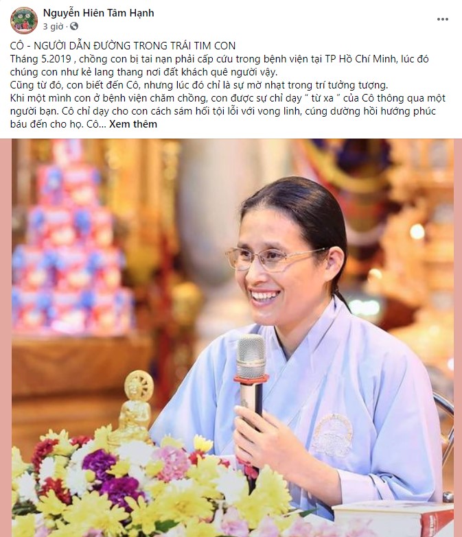 Phật tử nick Facebook Nguyễn Hiên Tâm Hạnh cũng đã bày tỏ lòng tri ân của mình đến Cô chủ nhiệm