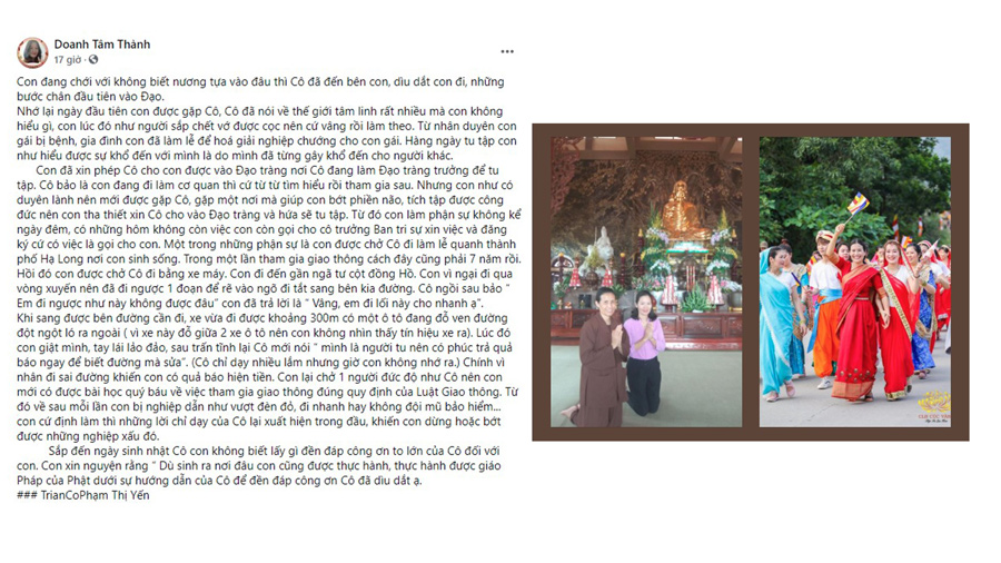 Phật tử có nick Facebook Doanh Tâm Thành đã chia sẻ những cảm xúc của mình trên trang cá nhân