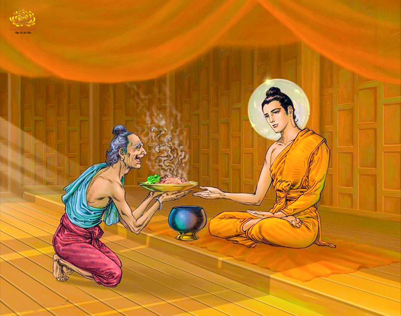 Ông thợ sắt Cunda dâng vật thực cúng dường Đức Phật. Ngài biết ông Cunda sẽ hái nhầm mộc nhĩ độc cúng dường Ngài